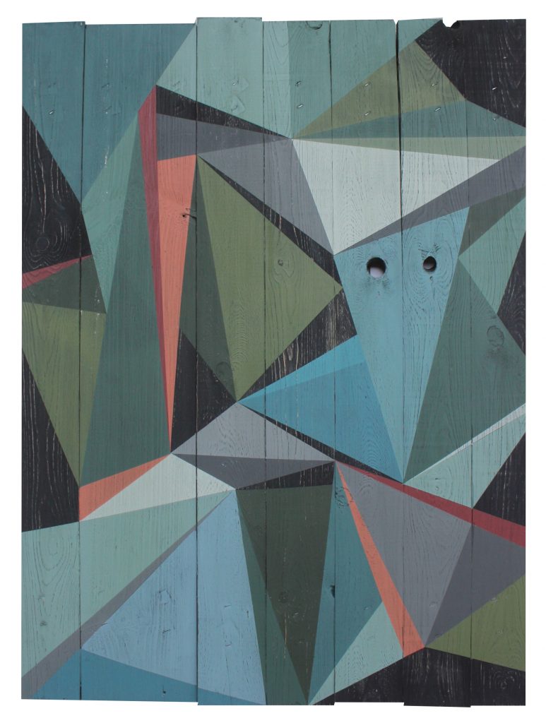 Colourlove. Geometric art on recyled wood. Acrylic on wood. By Henriette Fabricius