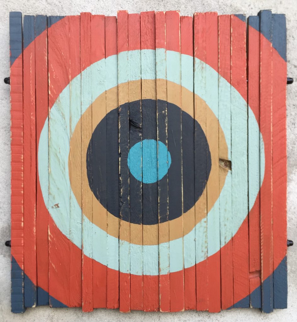 Life Target. Geometric art on recyled wood. Acrylic on wood. By Henriette Fabricius